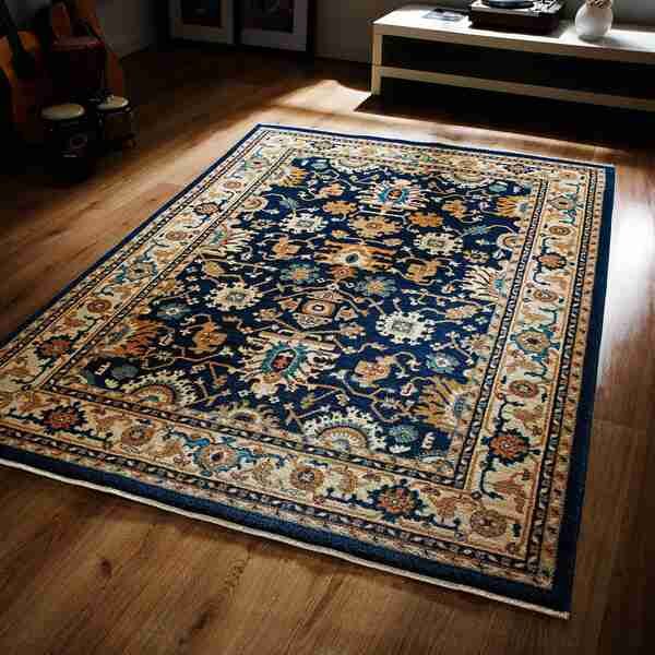 Traditional Persian style area rug in deep navy blue, gold, and ivory featuring ornate floral patterns, perfect for luxury, classic, and high-quality floor covering in Dubai villas