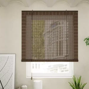 Premium natural bamboo woven roller blind in dark espresso brown for effective UV protection, filtered sunlight, and luxury interior privacy in Dubai home decor