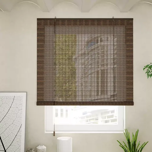 Premium natural bamboo woven roller blind in dark espresso brown for effective UV protection, filtered sunlight, and luxury interior privacy in Dubai home decor