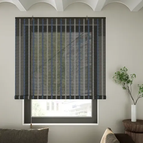 Modern navy blue and black striped woven bamboo shade, ideal for light control and contemporary décor in upscale Dubai apartments and villas