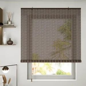 Luxury taupe brown woven bamboo roller blind for sun protection, filtered light, and modern interior design in Dubai apartments and villas