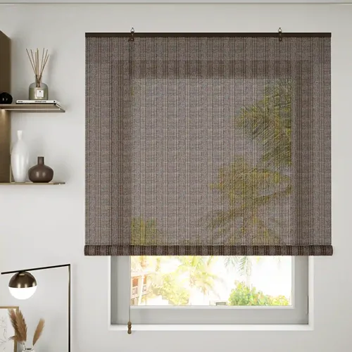Luxury taupe brown woven bamboo roller blind for sun protection, filtered light, and modern interior design in Dubai apartments and villas