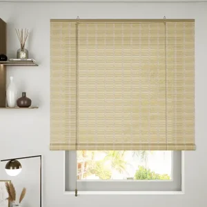 Natural beige woven bamboo shade roller blind for light and heat reduction, providing stylish privacy for luxury home interior decor in Dubai