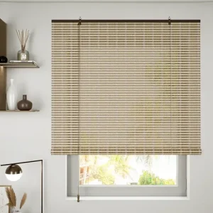 Natural beige woven bamboo shade roller blind for light filtering and heat reduction, providing stylish privacy for luxury home interior decor in Dubai